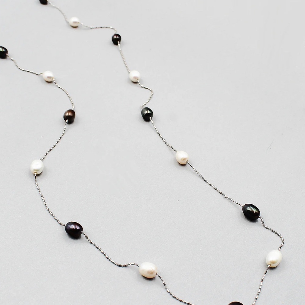 36" Elongated Pearl and purple Beaded Necklace